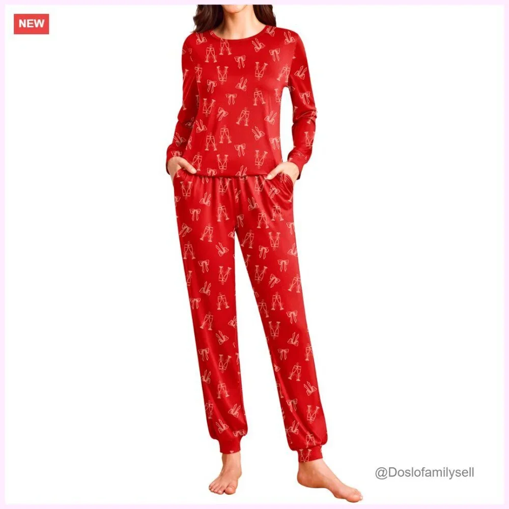 Long Sleeve Pajama Set Jogger Pants Soft Sleepwear Lounge Wear Valentine Gift